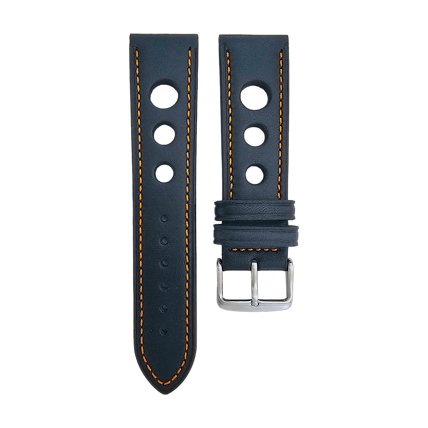 Leather Rally Watch Strap 18mm 20mm 22mm 24mm Black Orange Stitching - Wrist Envy