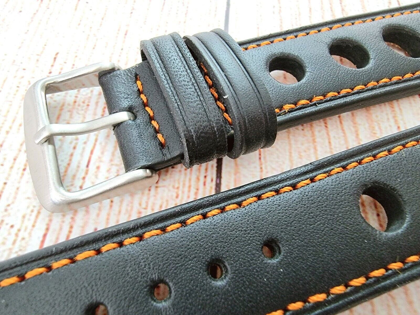 Leather Rally Watch Strap 18mm 20mm 22mm 24mm Black Orange Stitching - Wrist Envy