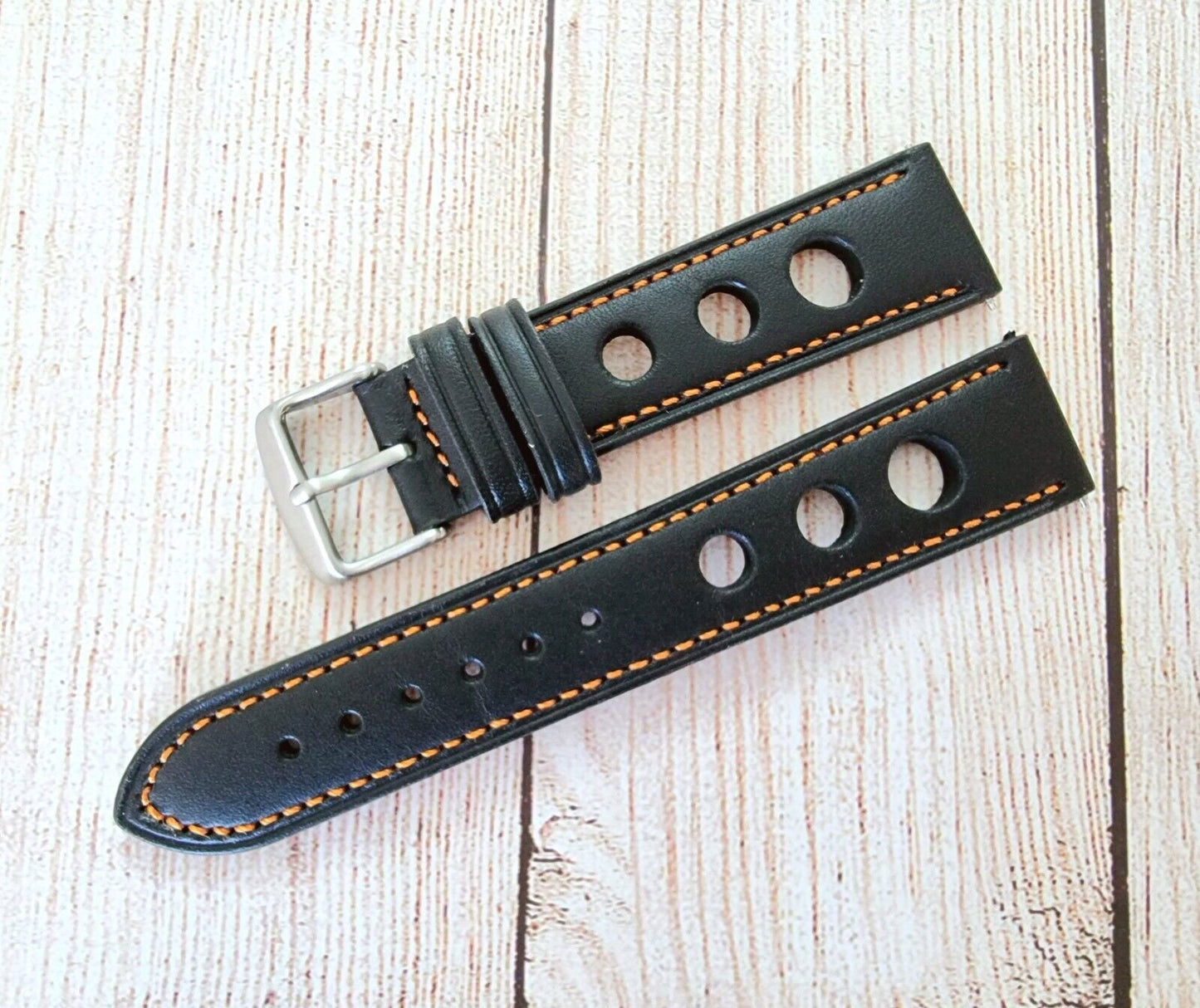 Leather Rally Watch Strap 18mm 20mm 22mm 24mm Black Orange Stitching - Wrist Envy