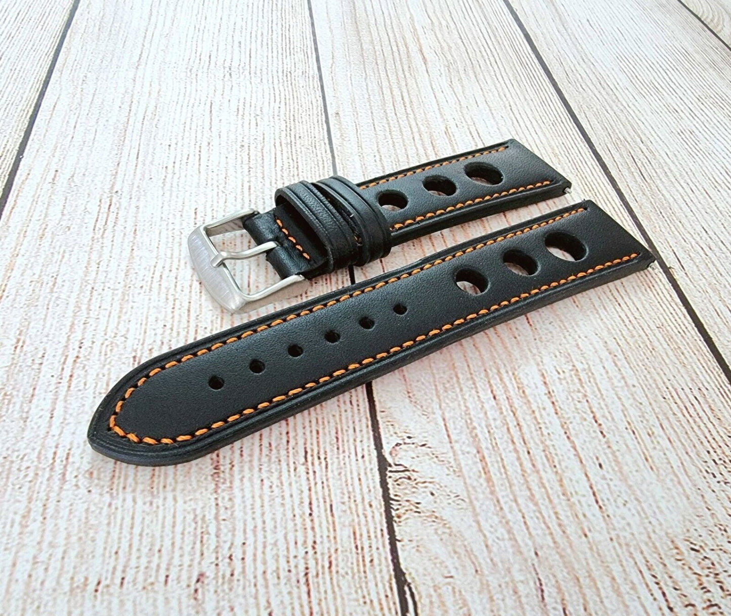 Leather Rally Watch Strap 18mm 20mm 22mm 24mm Black Orange Stitching - Wrist Envy