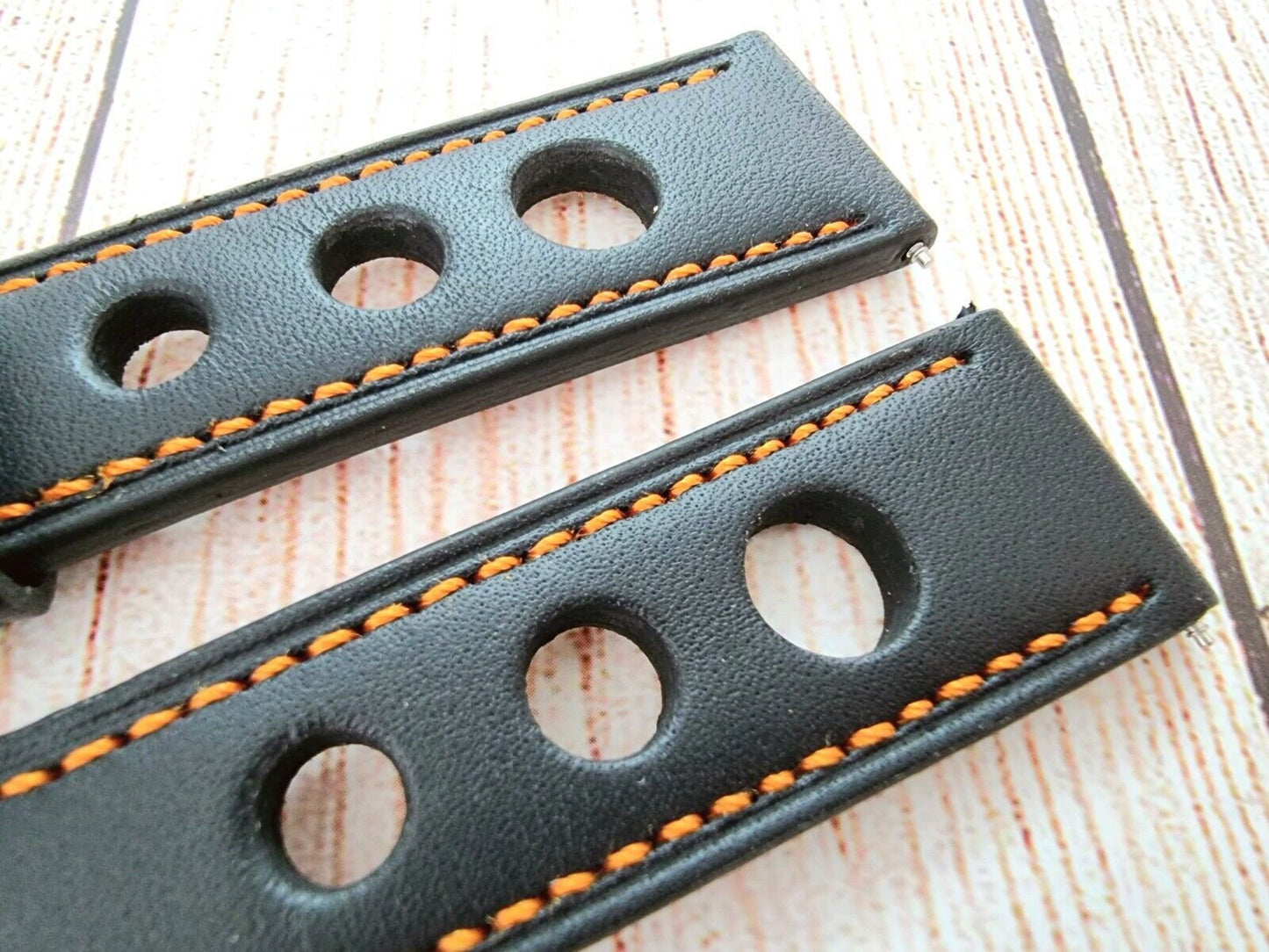 Leather Rally Watch Strap 18mm 20mm 22mm 24mm Black Orange Stitching - Wrist Envy