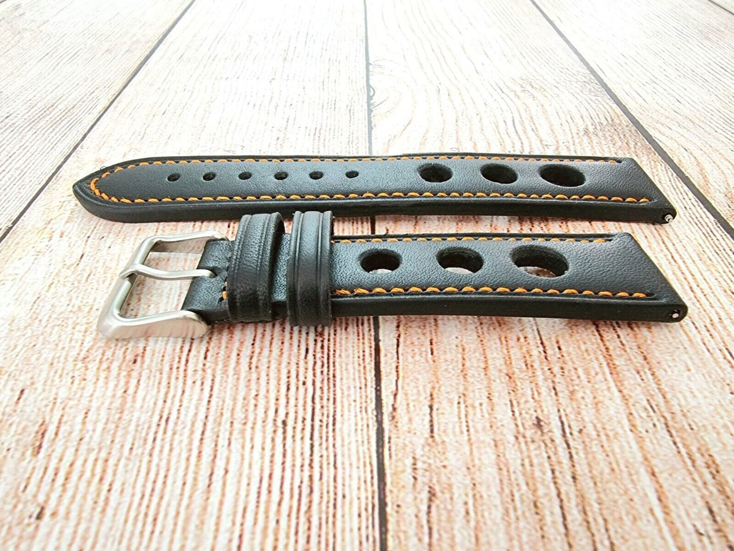 Leather Rally Watch Strap 18mm 20mm 22mm 24mm Black Orange Stitching - Wrist Envy