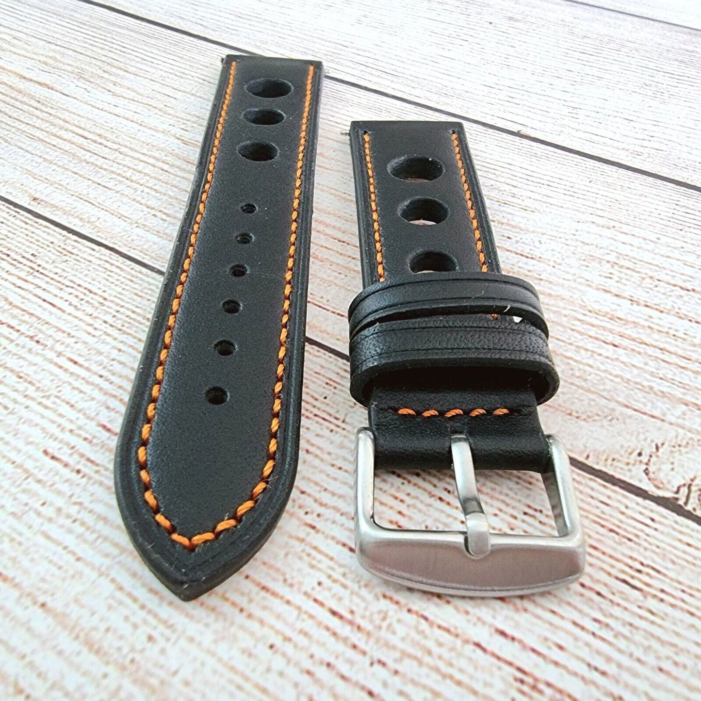 Leather Rally Watch Strap 18mm 20mm 22mm 24mm Black Orange Stitching - Wrist Envy