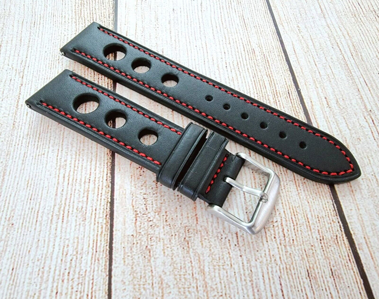 Premium Leather Hole Punched Watch Strap Band 18mm 20mm 22mm 24mm Flat Black Red - Wrist Envy
