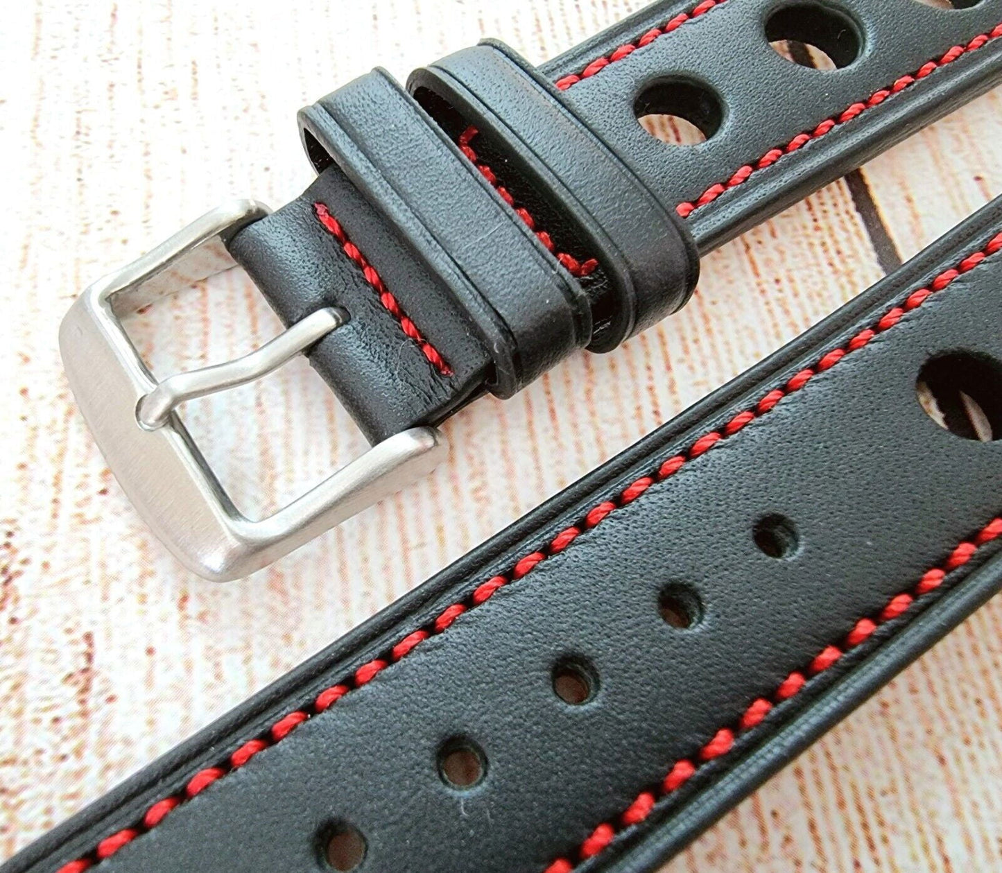Premium Leather Hole Punched Watch Strap Band 18mm 20mm 22mm 24mm Flat Black Red - Wrist Envy