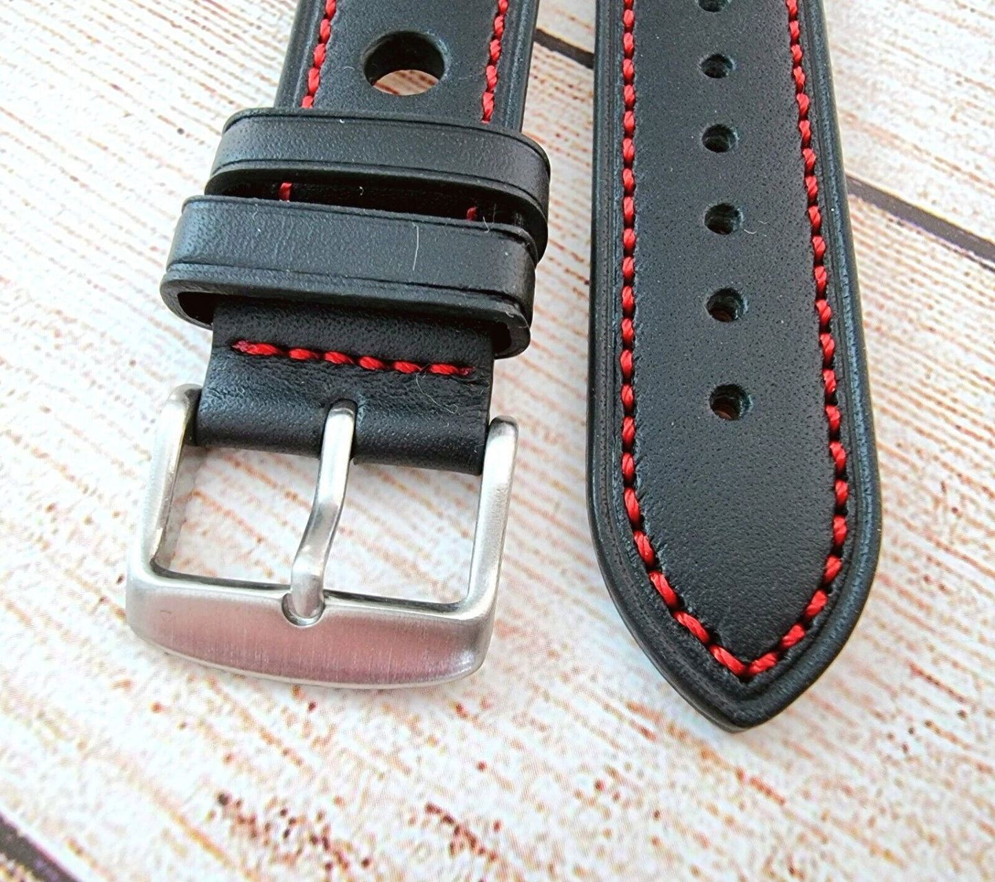Premium Leather Hole Punched Watch Strap Band 18mm 20mm 22mm 24mm Flat Black Red - Wrist Envy