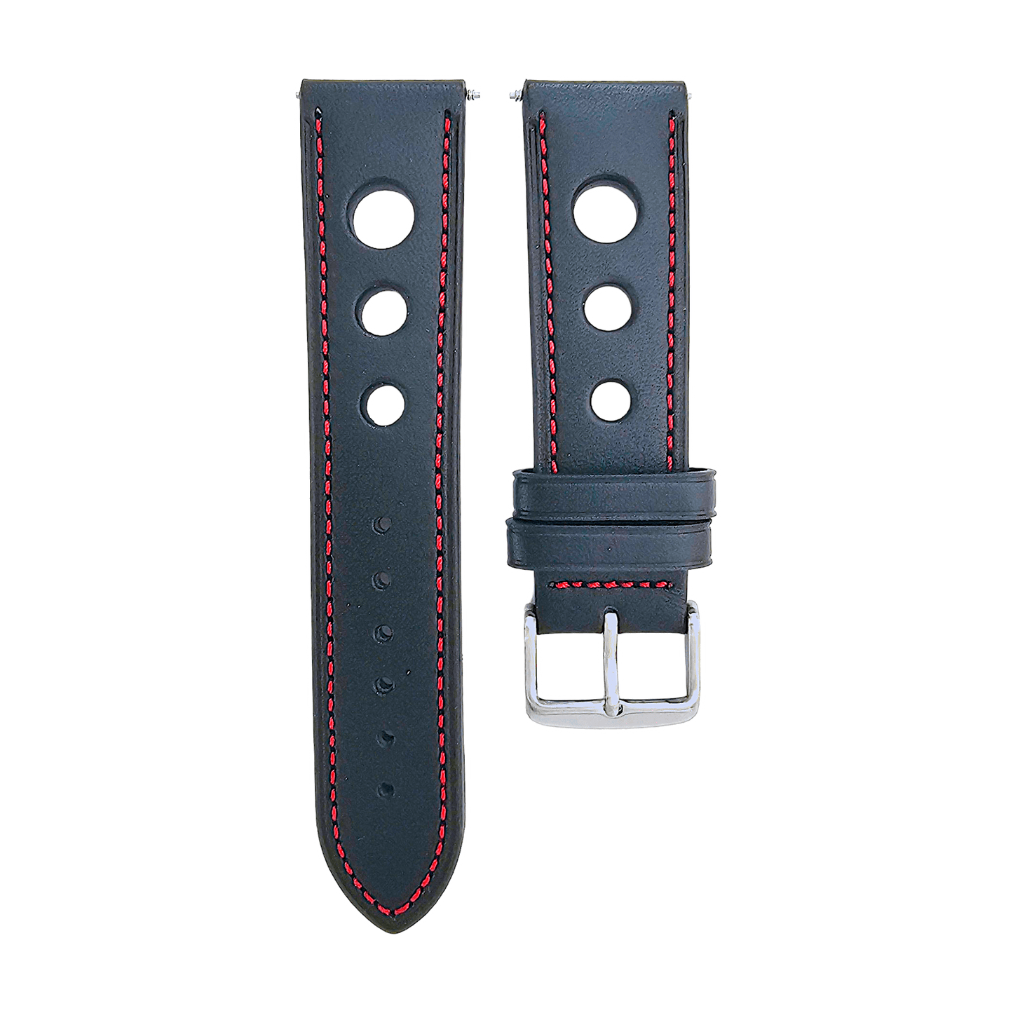 Premium Leather Hole Punched Watch Strap Band 18mm 20mm 22mm 24mm Flat Black Red - Wrist Envy
