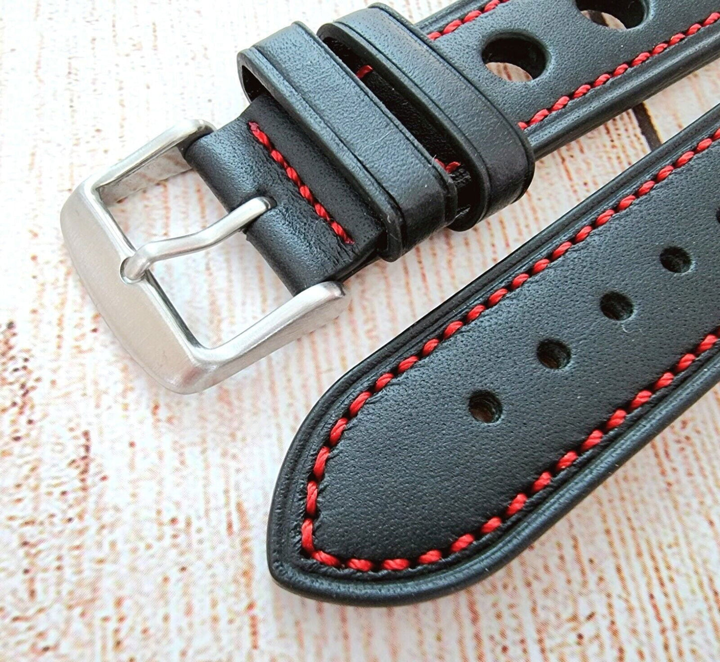 Premium Leather Hole Punched Watch Strap Band 18mm 20mm 22mm 24mm Flat Black Red - Wrist Envy