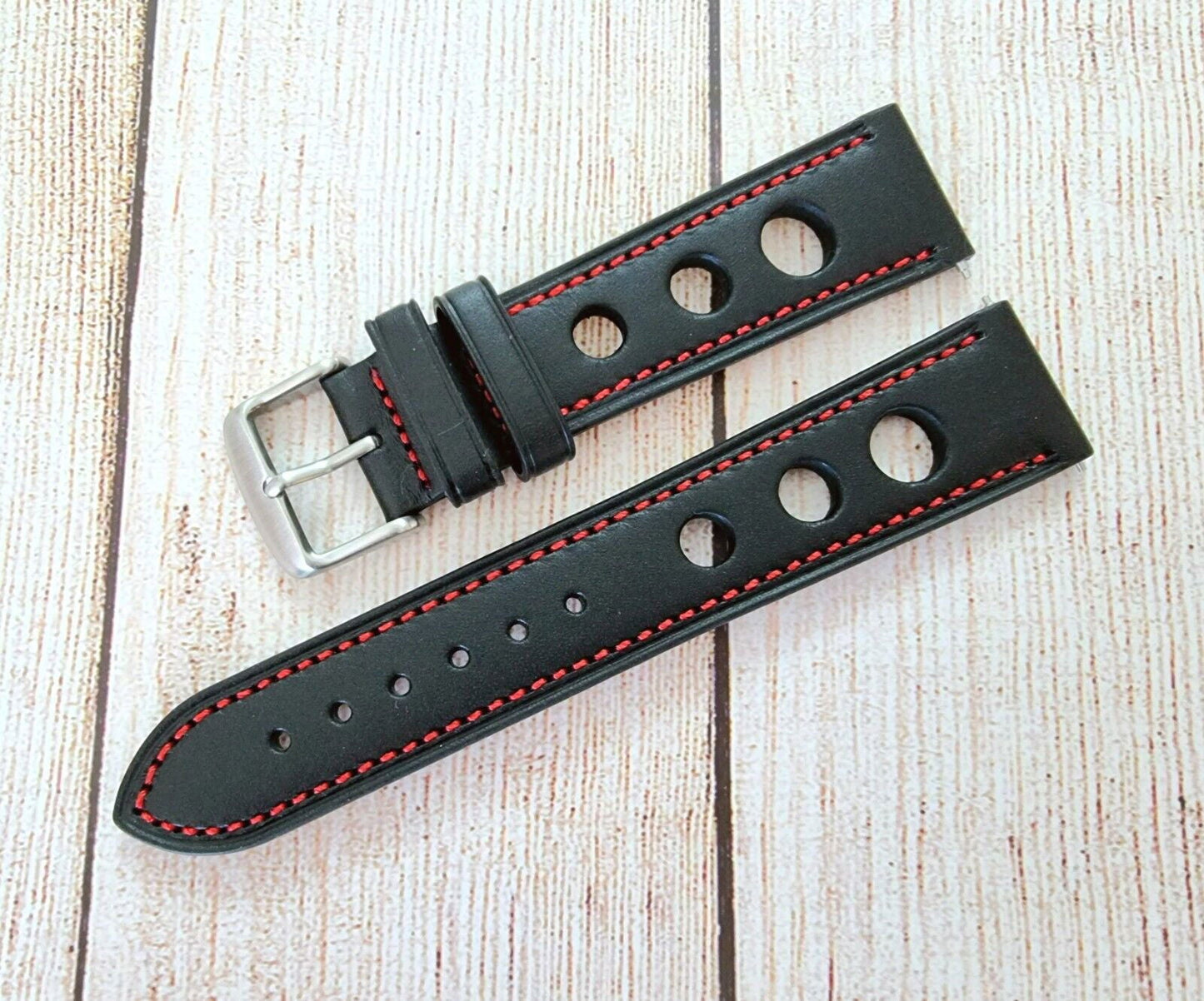 Premium Leather Hole Punched Watch Strap Band 18mm 20mm 22mm 24mm Flat Black Red - Wrist Envy
