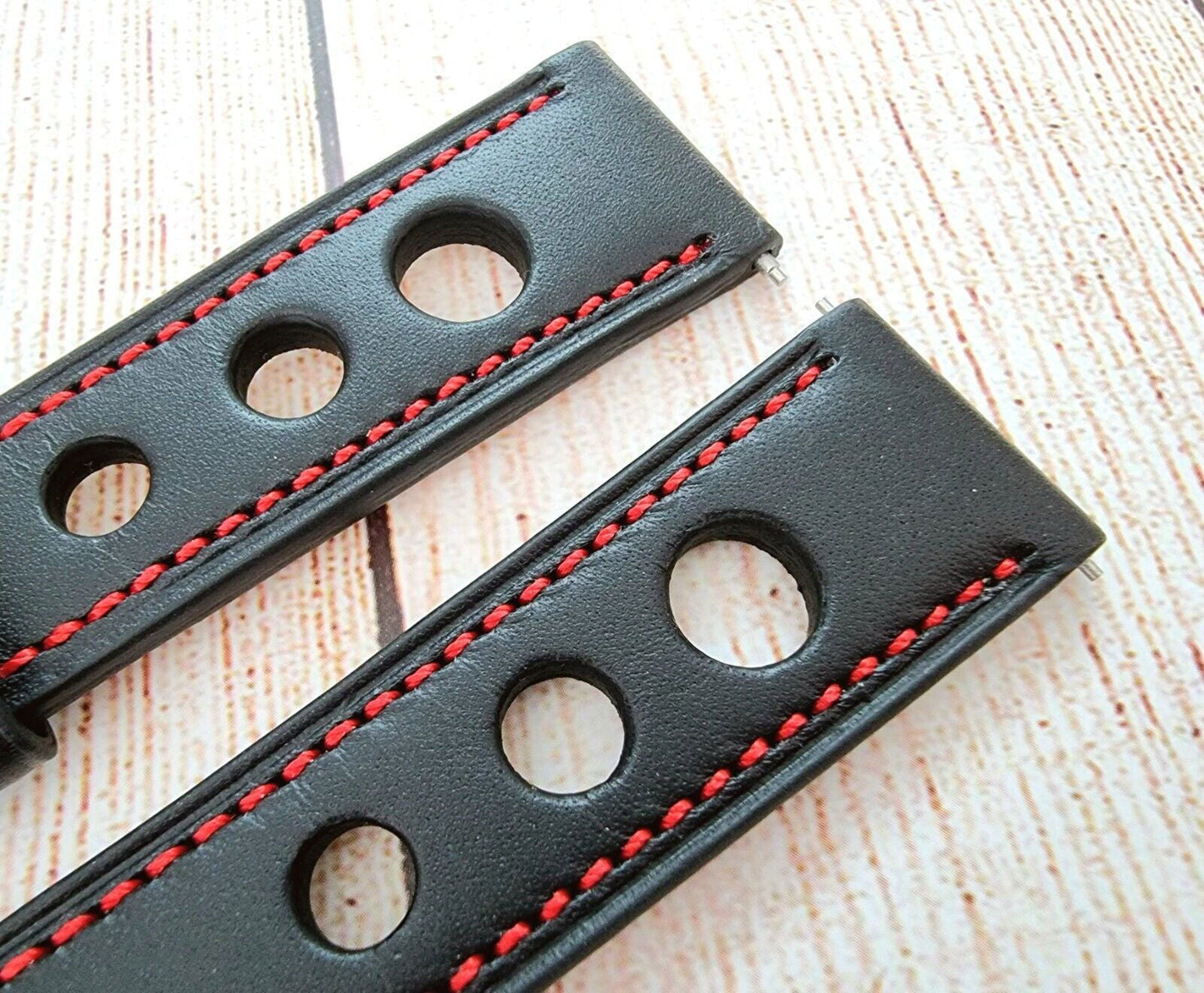 Premium Leather Hole Punched Watch Strap Band 18mm 20mm 22mm 24mm Flat Black Red - Wrist Envy