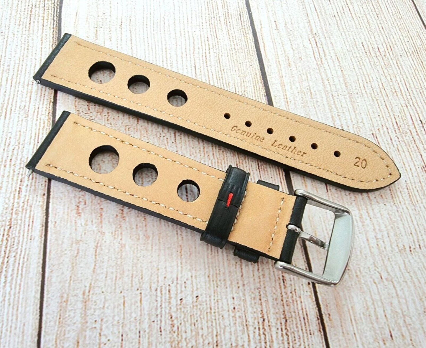 Premium Leather Hole Punched Watch Strap Band 18mm 20mm 22mm 24mm Flat Black Red - Wrist Envy
