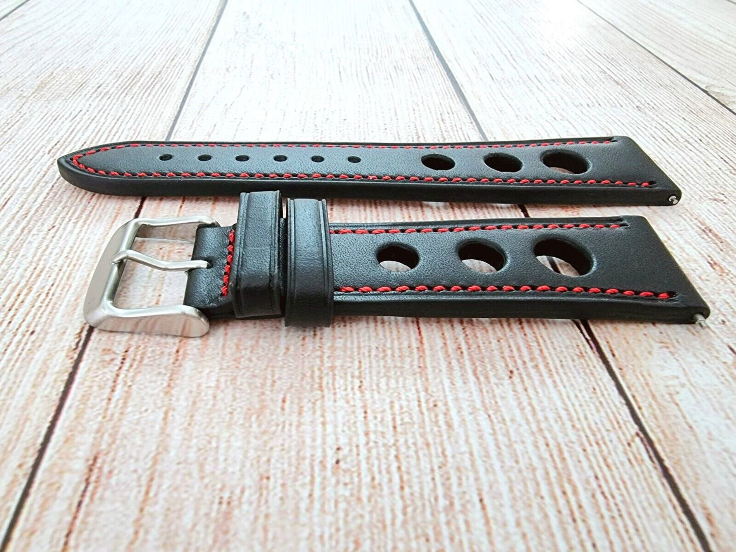 Premium Leather Hole Punched Watch Strap Band 18mm 20mm 22mm 24mm Flat Black Red - Wrist Envy