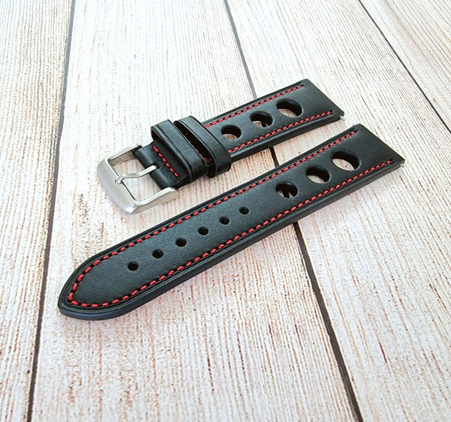 Premium Leather Hole Punched Watch Strap Band 18mm 20mm 22mm 24mm Flat Black Red - Wrist Envy