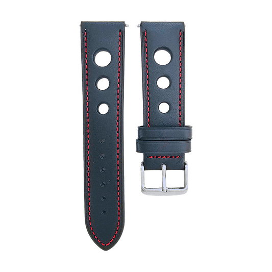 Premium Leather Hole Punched Watch Strap Band 18mm 20mm 22mm 24mm Flat Black Red - Wrist Envy