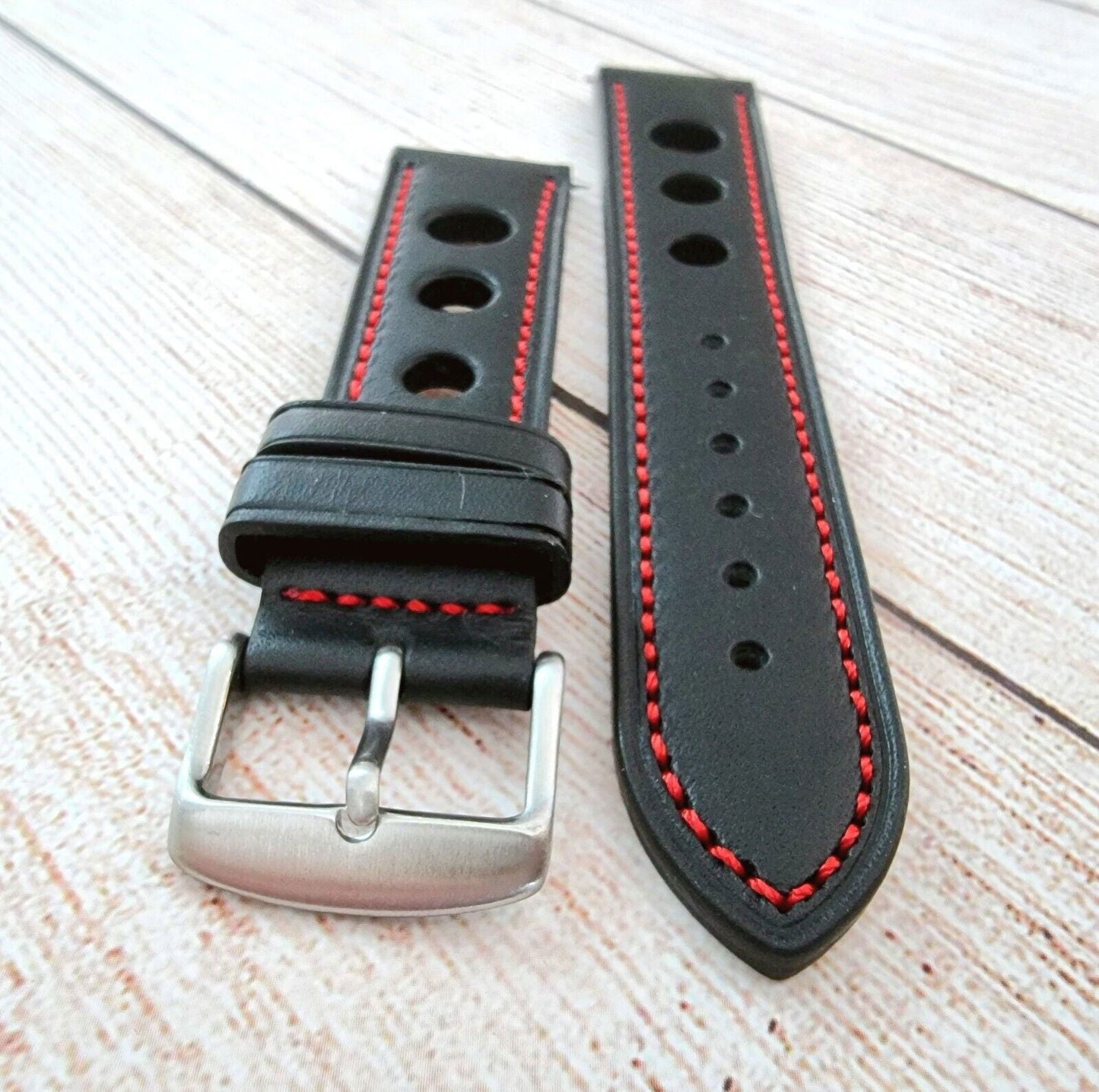 Premium Leather Hole Punched Watch Strap Band 18mm 20mm 22mm 24mm Flat Black Red - Wrist Envy