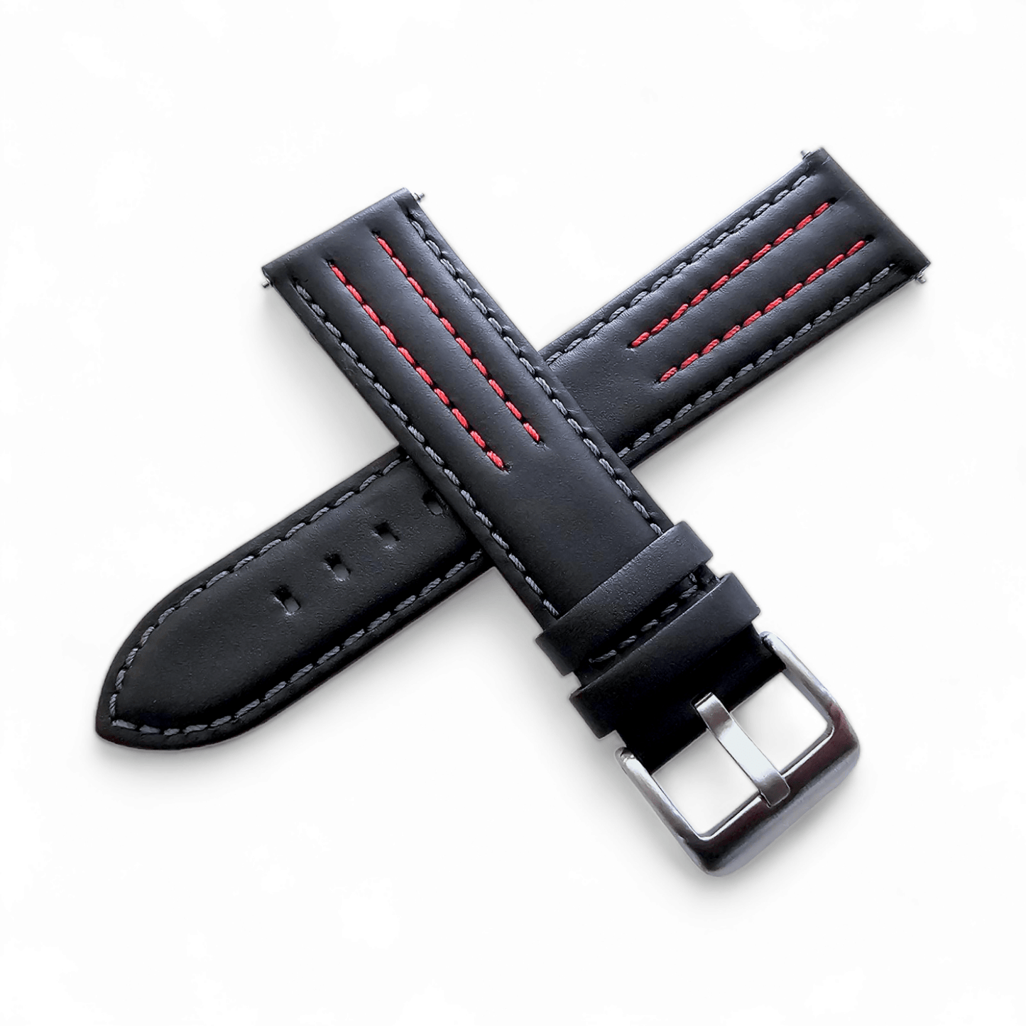 Premium Leather Rally Watch Strap 18mm 20mm 22mm Black Red - Wrist Envy