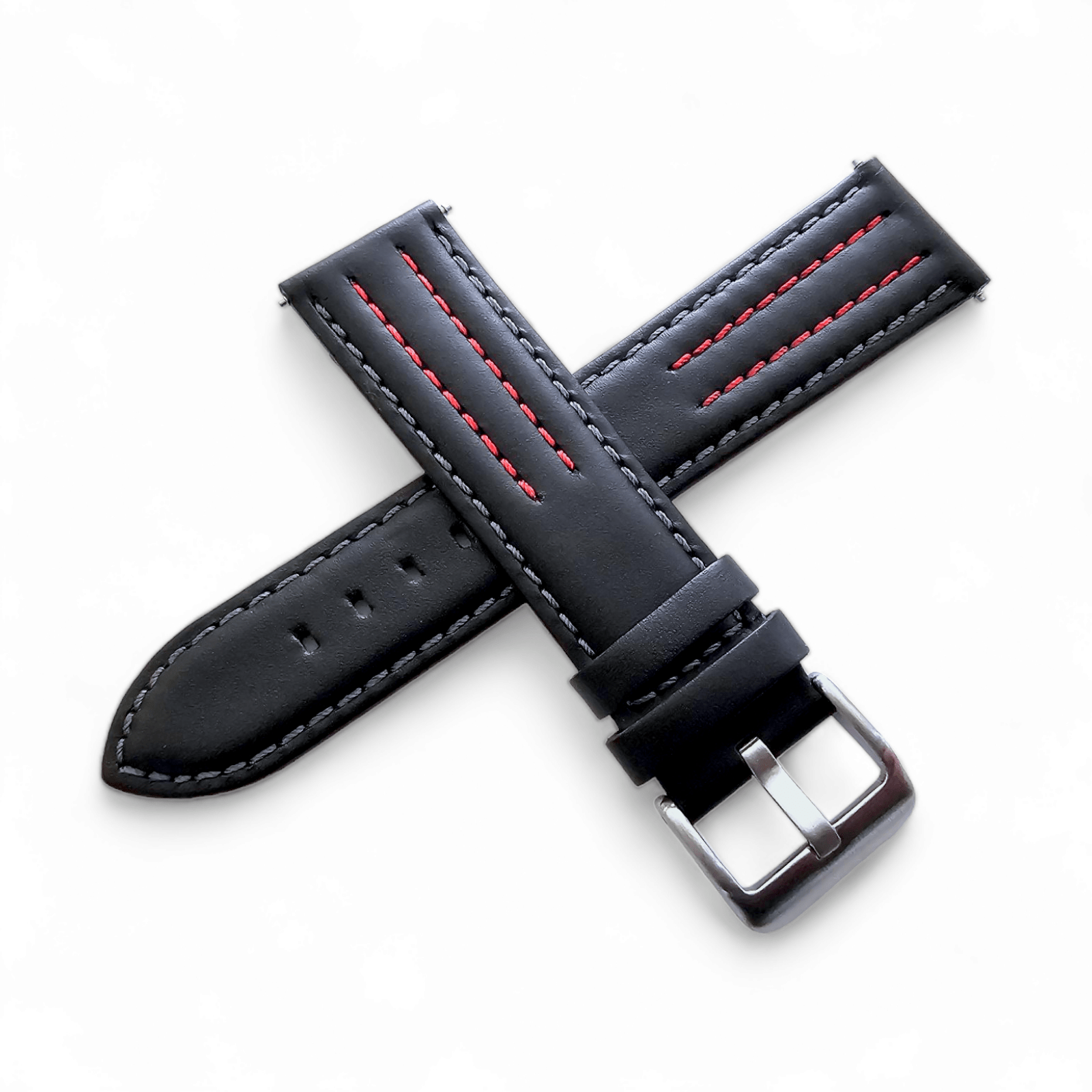Premium Leather Rally Watch Strap 18mm 20mm 22mm Black Red - Wrist Envy