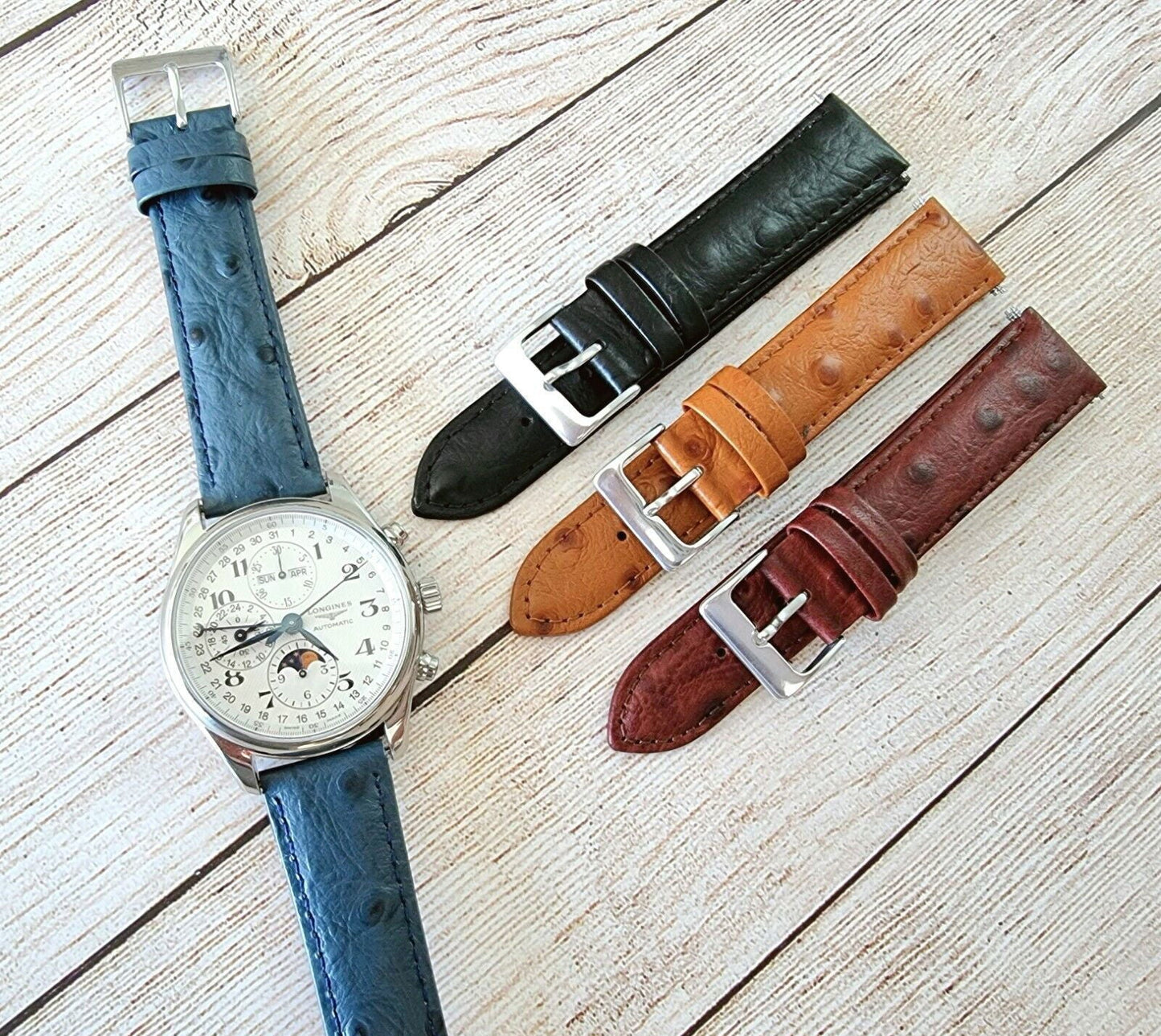 Premium Ostrich Grain Watch Strap Genuine Leather Red Brown Blue Black 18mm 20mm - Wrist Envy