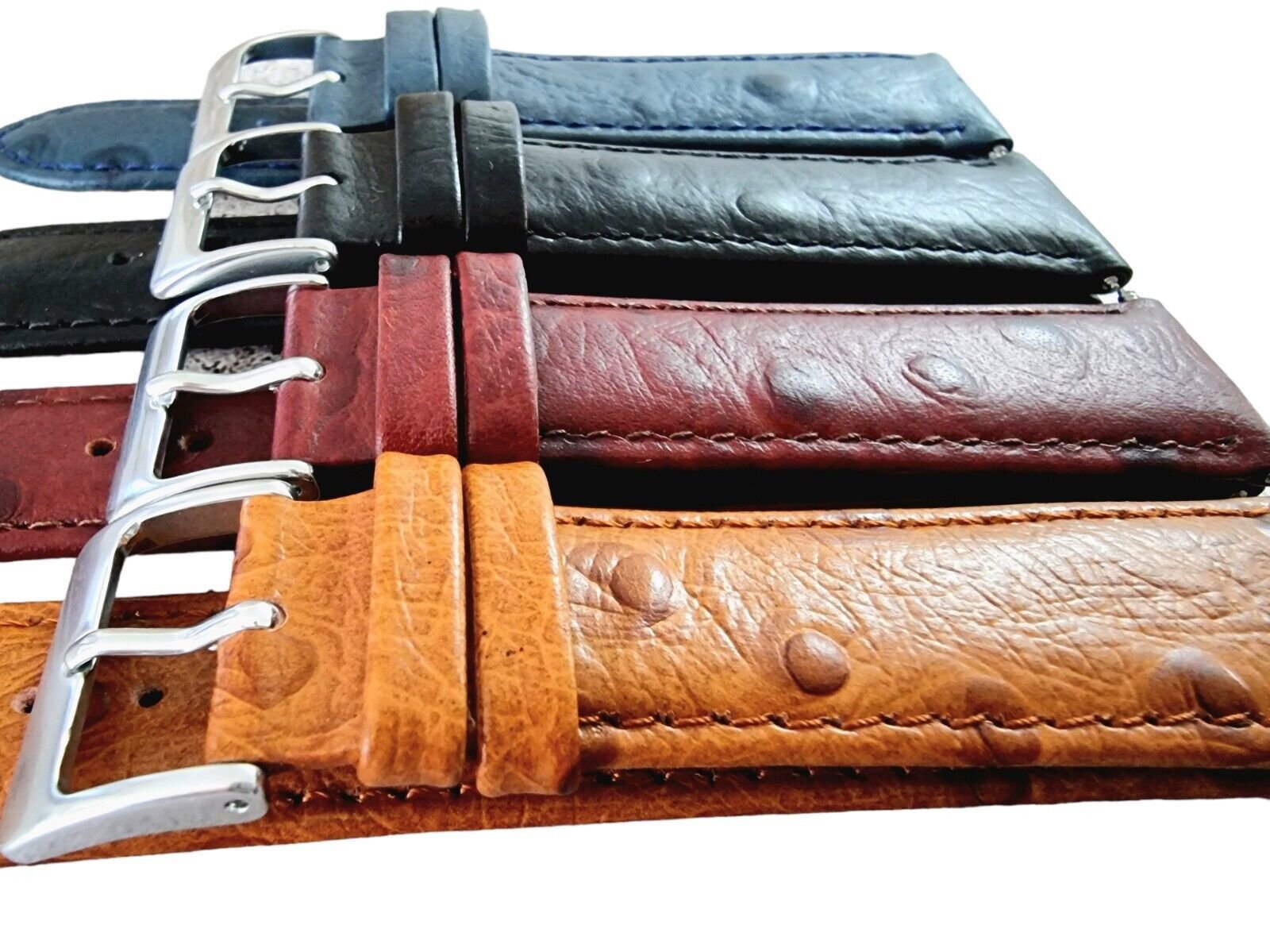 Premium Ostrich Grain Watch Strap Genuine Leather Red Brown Blue Black 18mm 20mm - Wrist Envy