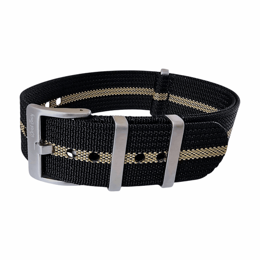 Ribbed Upgraded Nylon Military Watch Strap 1.4mm Thick 20mm 22mm Black Khaki Stripe - Wrist Envy
