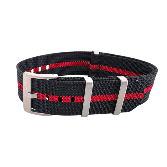 Ribbed Upgraded Nylon Military Watch Strap 1.4mm Thick 20mm 22mm Black Red Stripe - Wrist Envy