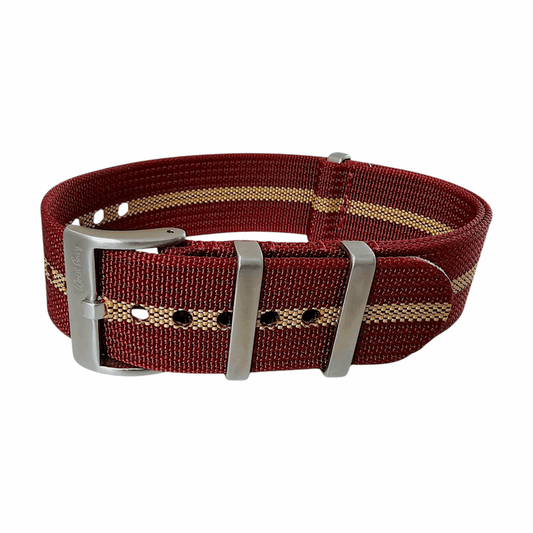 Ribbed Upgraded Nylon Military Watch Strap 1.4mm Thick 20mm 22mm Oxblood Khaki Stripe - Wrist Envy