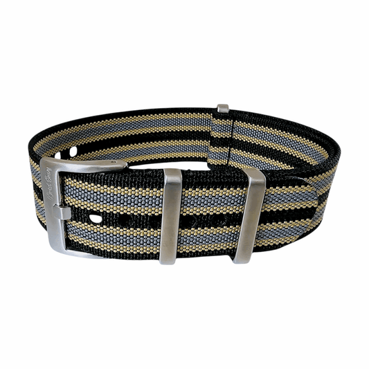 Ribbed Upgraded Nylon Military Watch Strap 1.4mm Thick 20mm Black Grey Gold Stripes - Wrist Envy