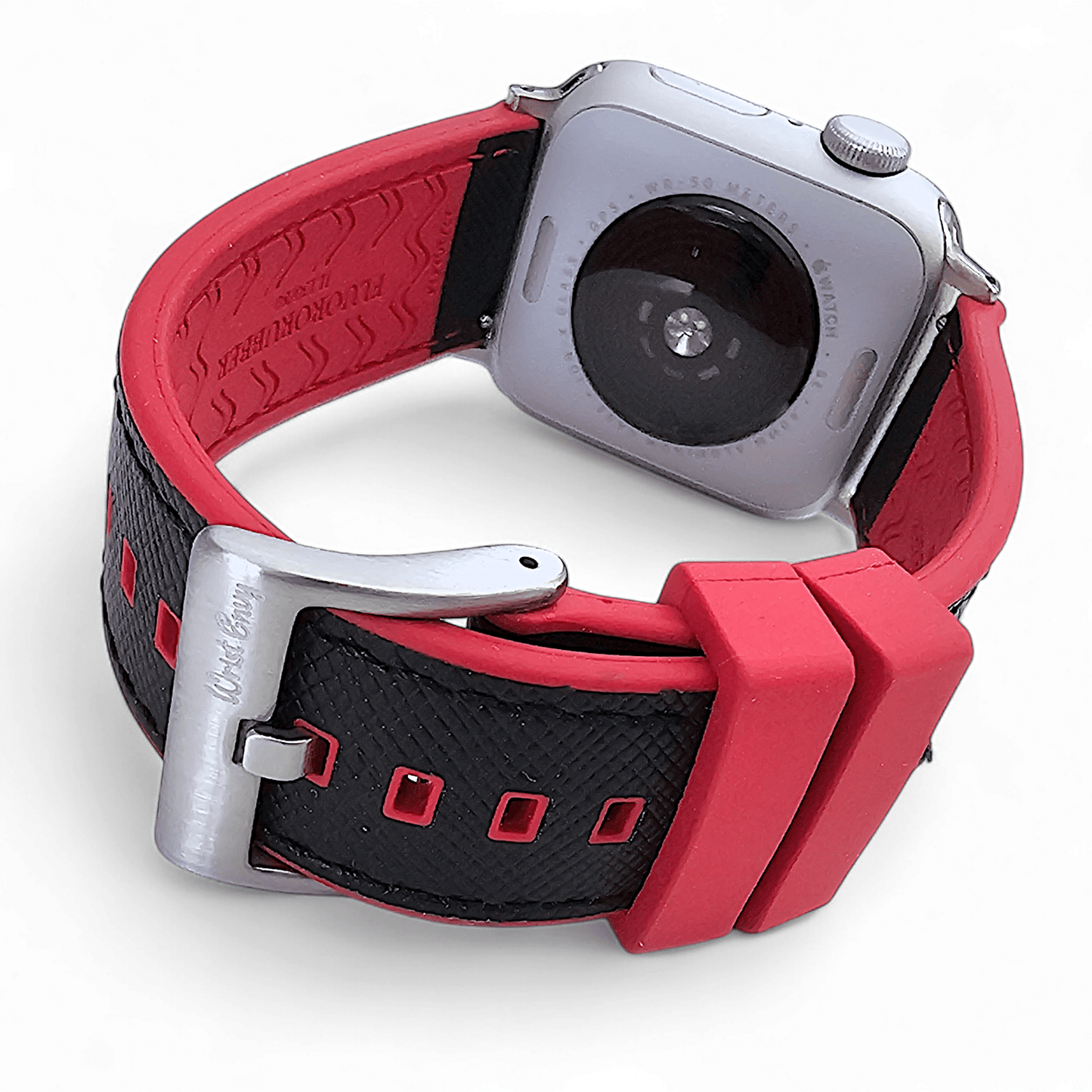 Saffiano Leather & FKM Rubber Watch Strap For Apple IWatch Black Red - Wrist Envy