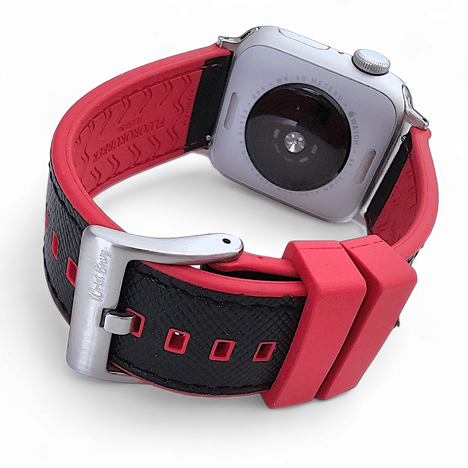 Saffiano Leather & FKM Rubber Watch Strap For Apple IWatch Black Red - Wrist Envy