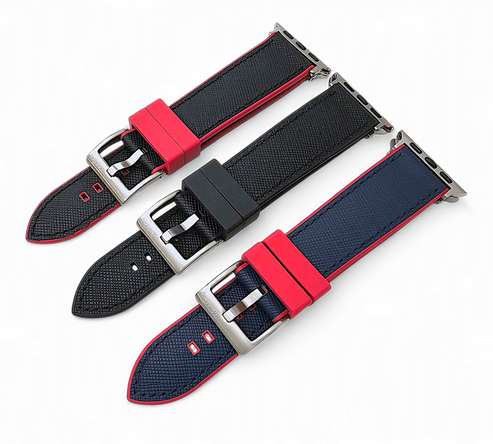 Saffiano Leather & FKM Rubber Watch Strap For Apple IWatch Black Red - Wrist Envy