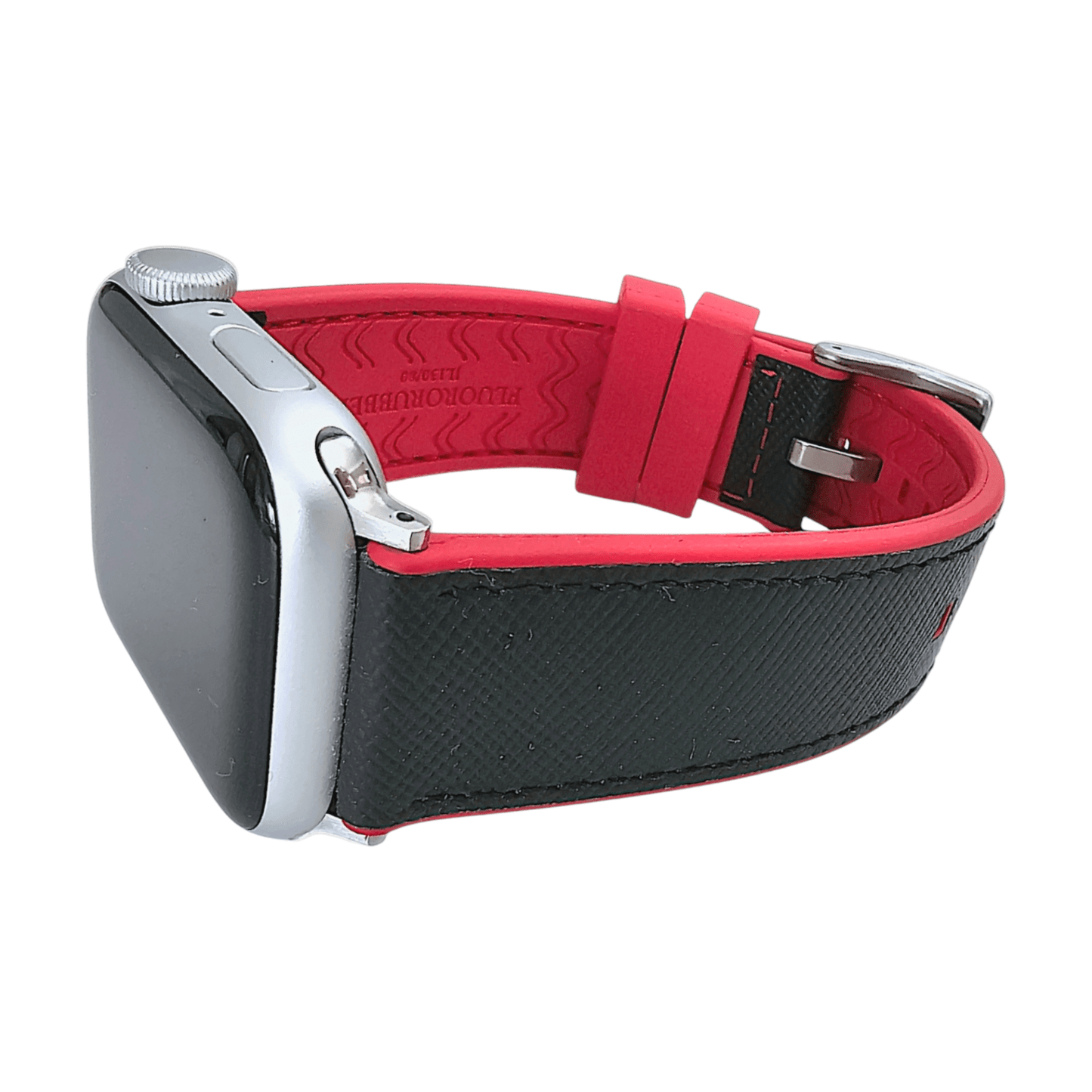 Saffiano Leather & FKM Rubber Watch Strap For Apple IWatch Black Red - Wrist Envy