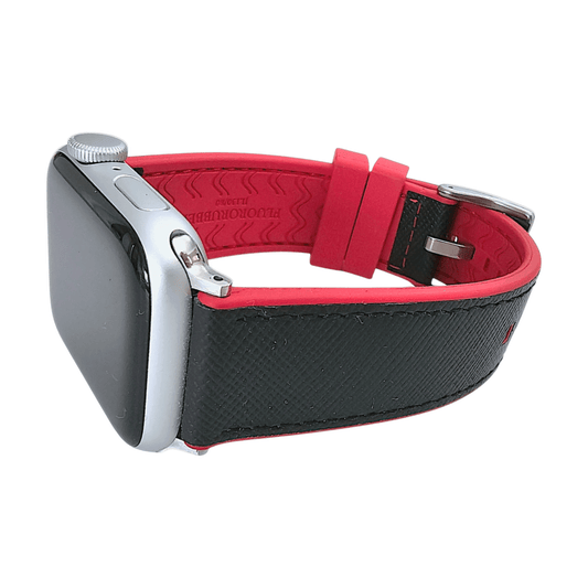 Saffiano Leather & FKM Rubber Watch Strap For Apple IWatch Black Red - Wrist Envy