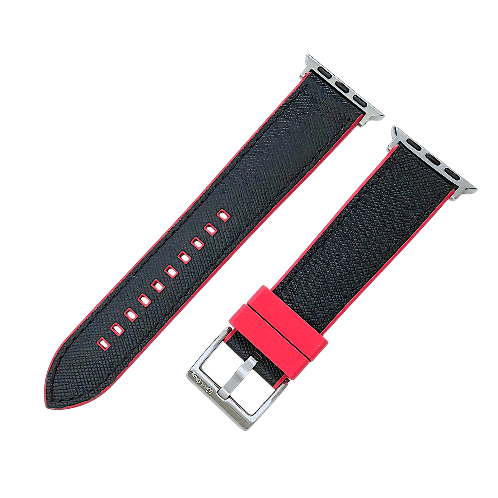 Saffiano Leather & FKM Rubber Watch Strap For Apple IWatch Black Red - Wrist Envy