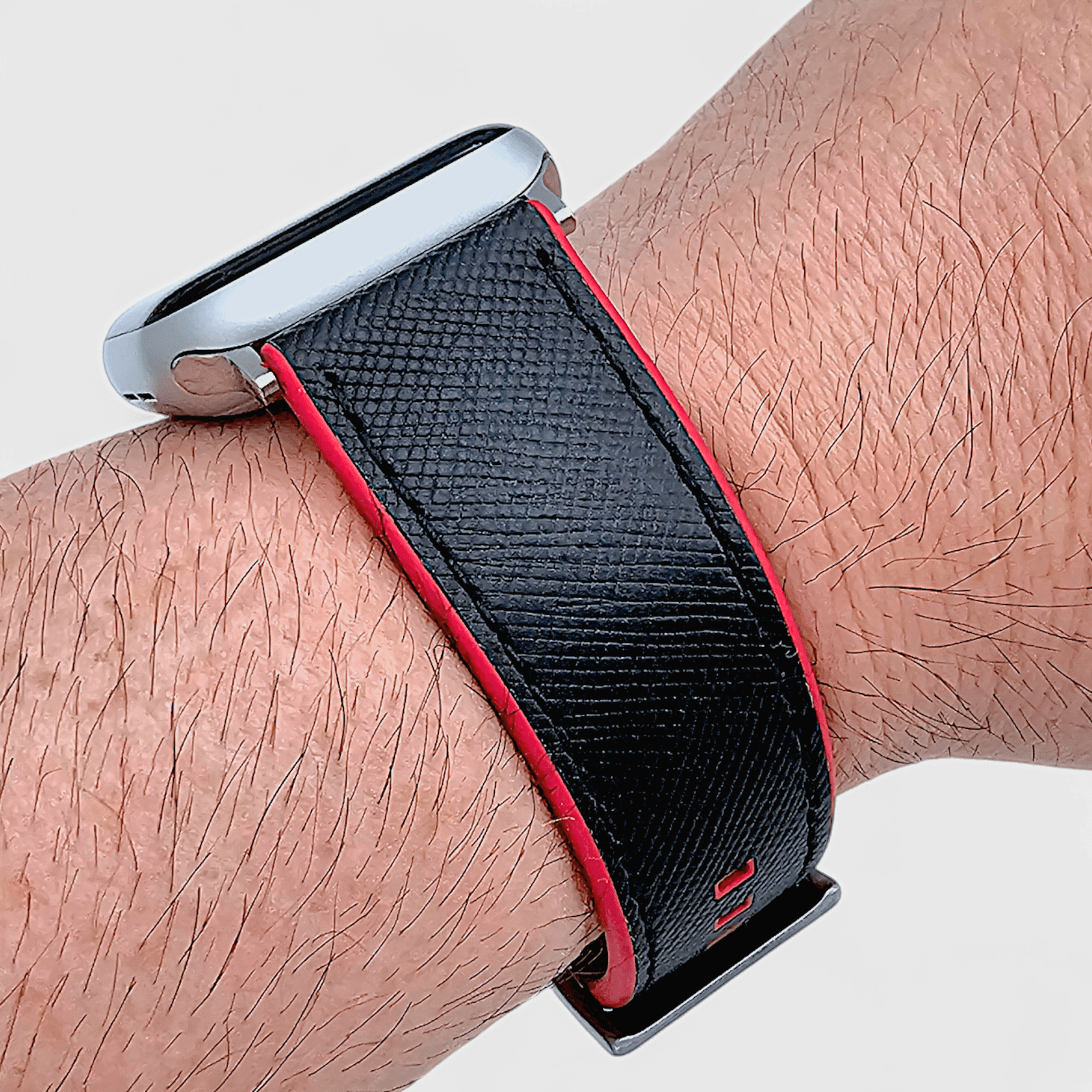 Saffiano Leather & FKM Rubber Watch Strap For Apple IWatch Black Red - Wrist Envy