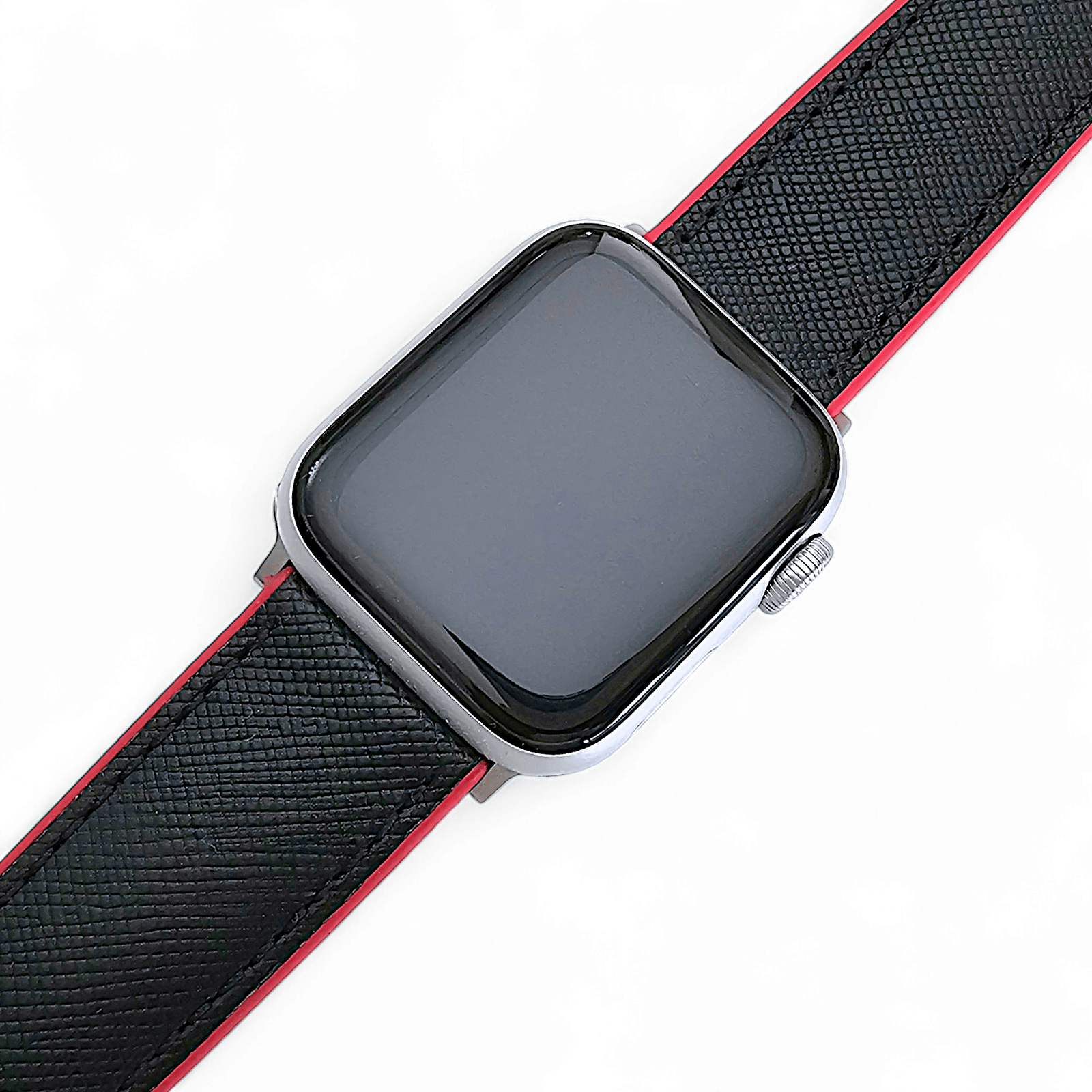 Saffiano Leather & FKM Rubber Watch Strap For Apple IWatch Black Red - Wrist Envy
