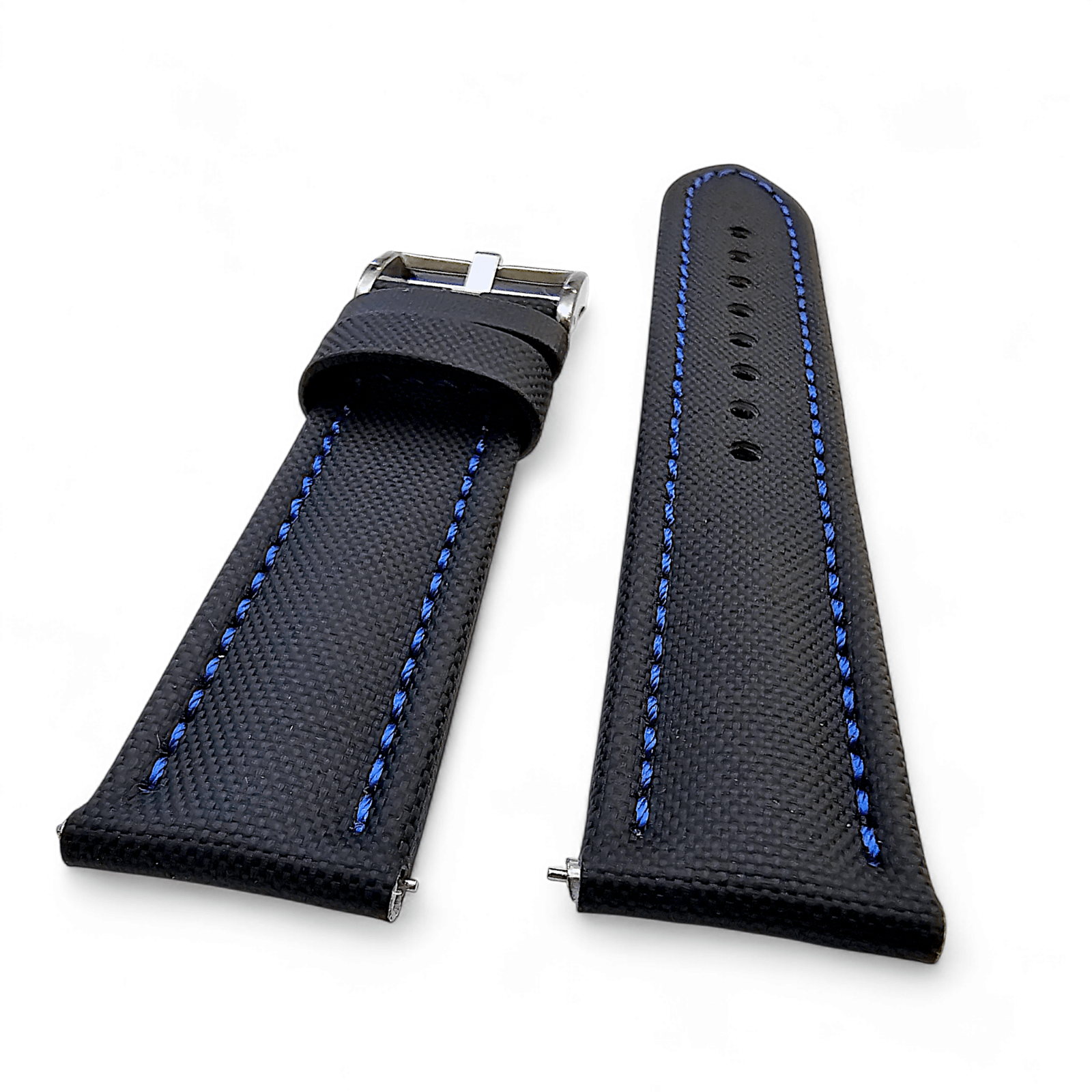 Sailcloth Watch Strap 20mm 22mm Black Blue Stitch - Wrist Envy
