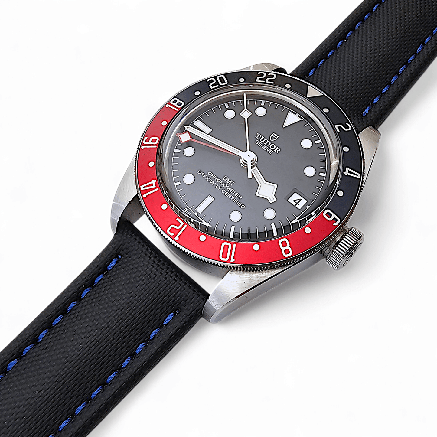 Sailcloth Watch Strap 20mm 22mm Black Blue Stitch - Wrist Envy
