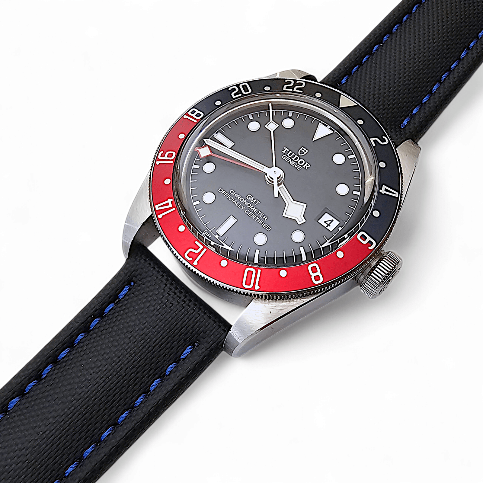Sailcloth Watch Strap 20mm 22mm Black Blue Stitch - Wrist Envy