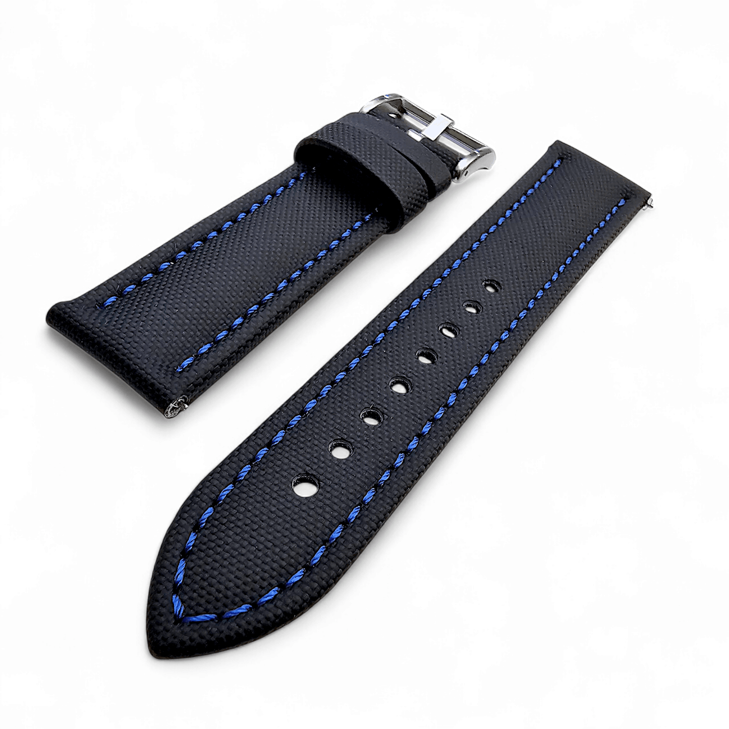 Sailcloth Watch Strap 20mm 22mm Black Blue Stitch - Wrist Envy