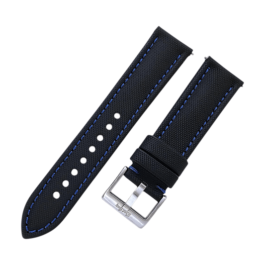 Sailcloth Watch Strap 20mm 22mm Black Blue Stitch - Wrist Envy