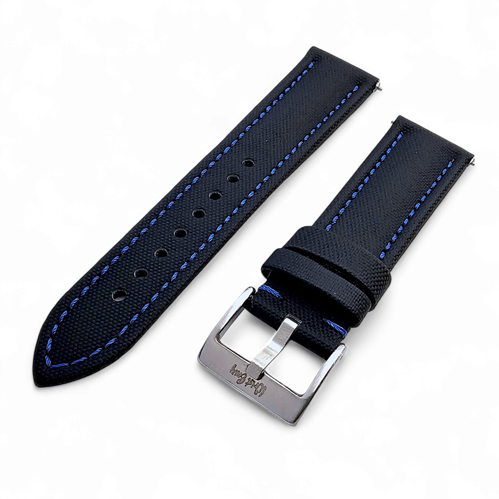 Sailcloth Watch Strap 20mm 22mm Black Blue Stitch - Wrist Envy
