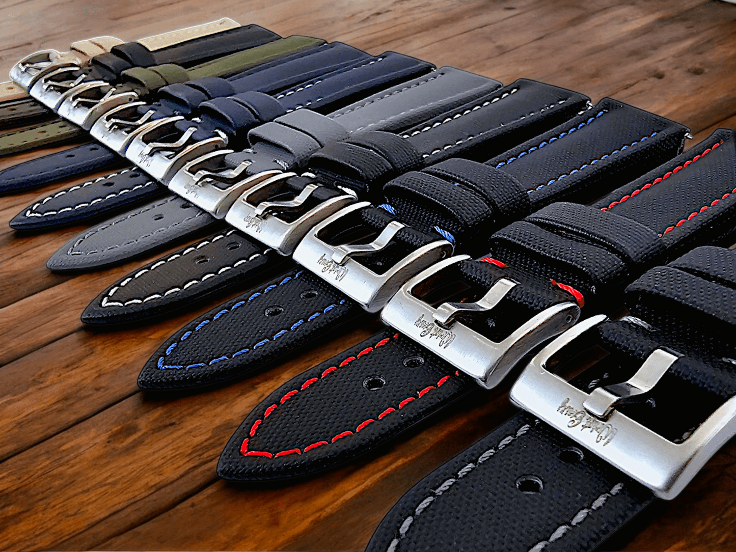 Sailcloth Watch Strap 20mm 22mm Black Grey Stitching - Wrist Envy