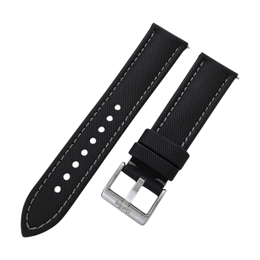 Sailcloth Watch Strap 20mm 22mm Black Grey Stitching - Wrist Envy
