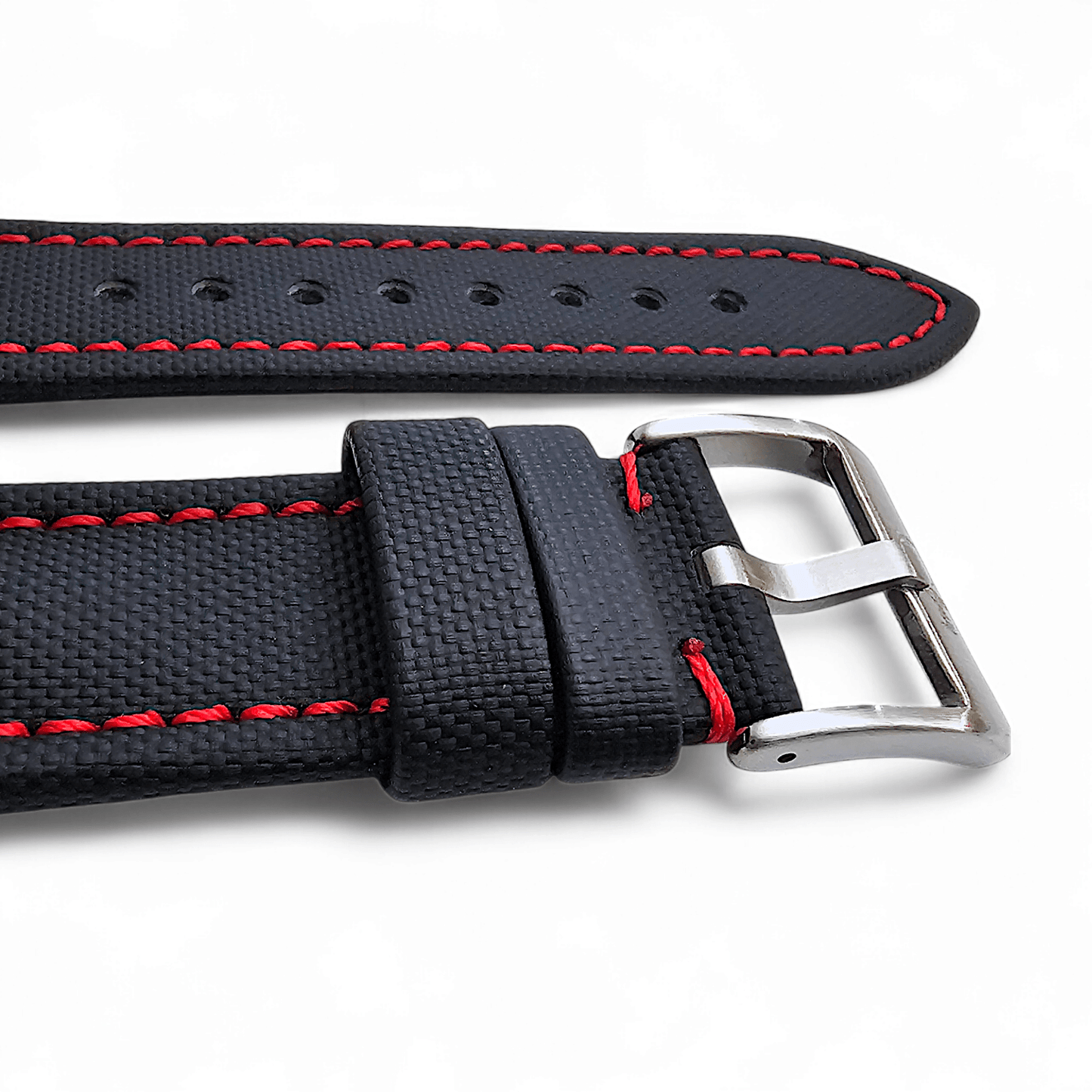 Sailcloth Watch Strap 20mm 22mm Black Red Stitch - Wrist Envy