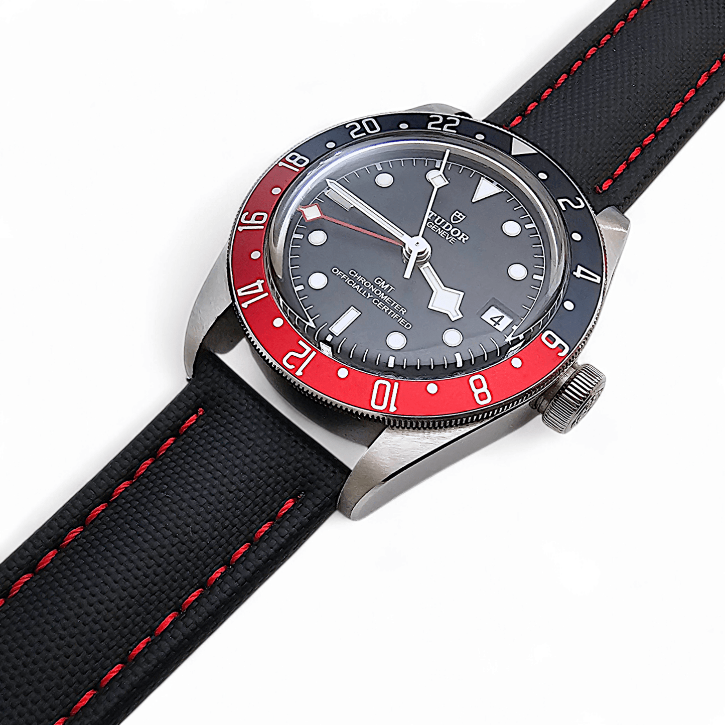 Sailcloth Watch Strap 20mm 22mm Black Red Stitch - Wrist Envy