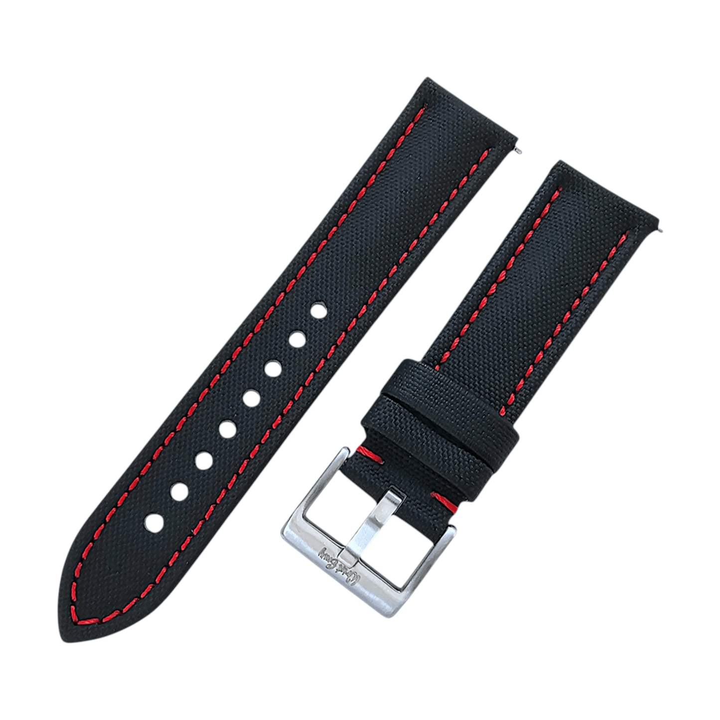 Sailcloth Watch Strap 20mm 22mm Black Red Stitch - Wrist Envy