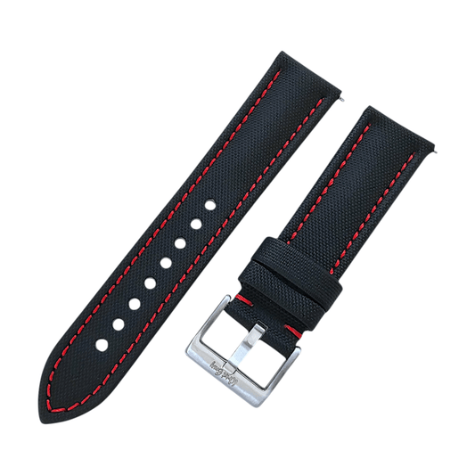 Sailcloth Watch Strap 20mm 22mm Black Red Stitch - Wrist Envy