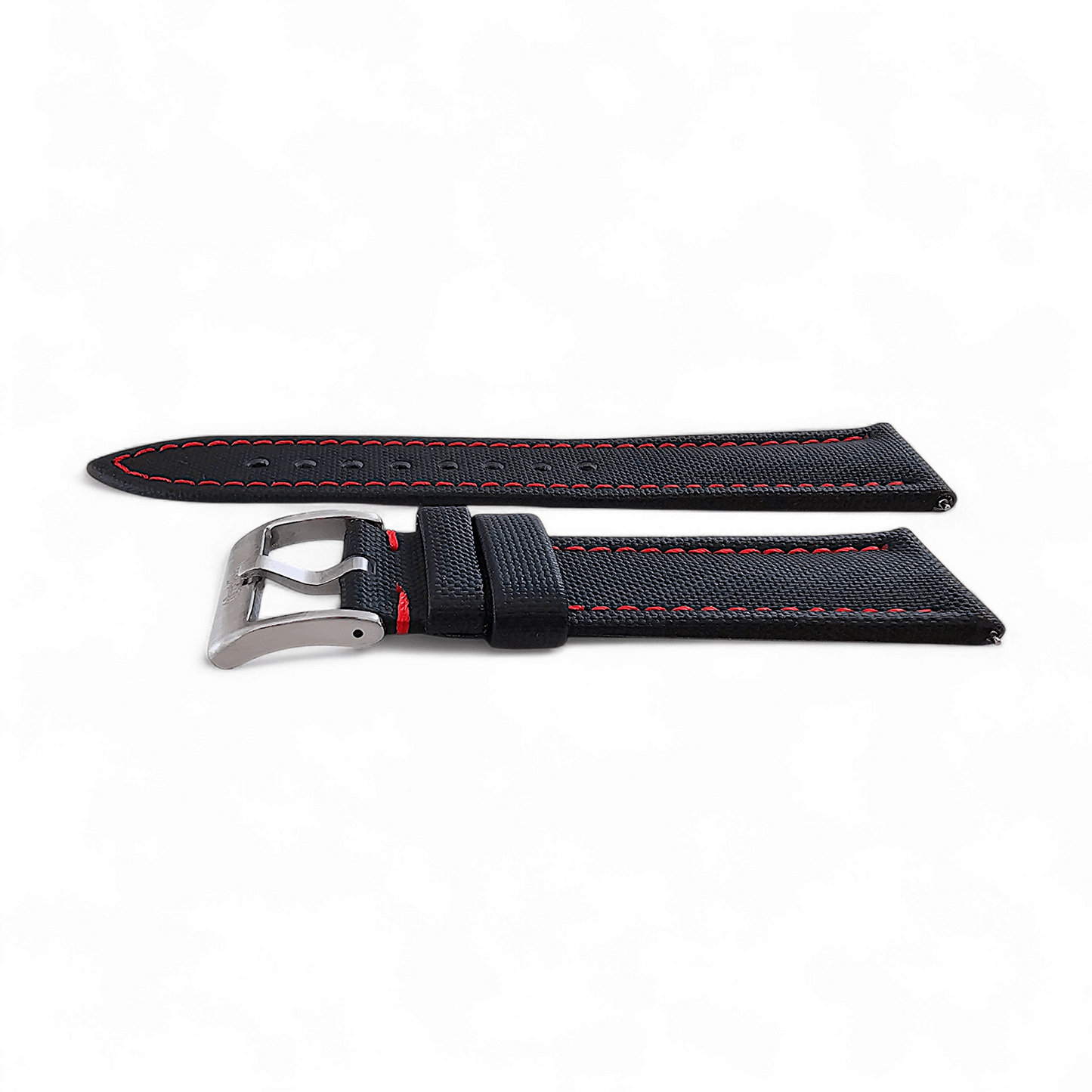 Sailcloth Watch Strap 20mm 22mm Black Red Stitch - Wrist Envy