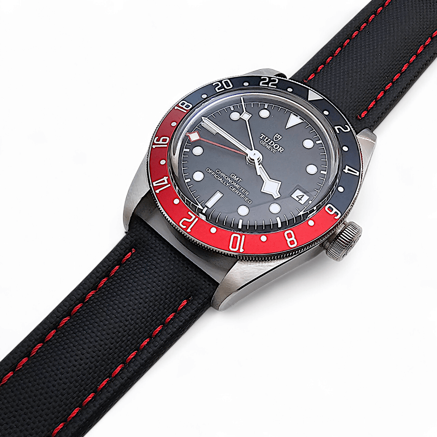 Sailcloth Watch Strap 20mm 22mm Black Red Stitch - Wrist Envy