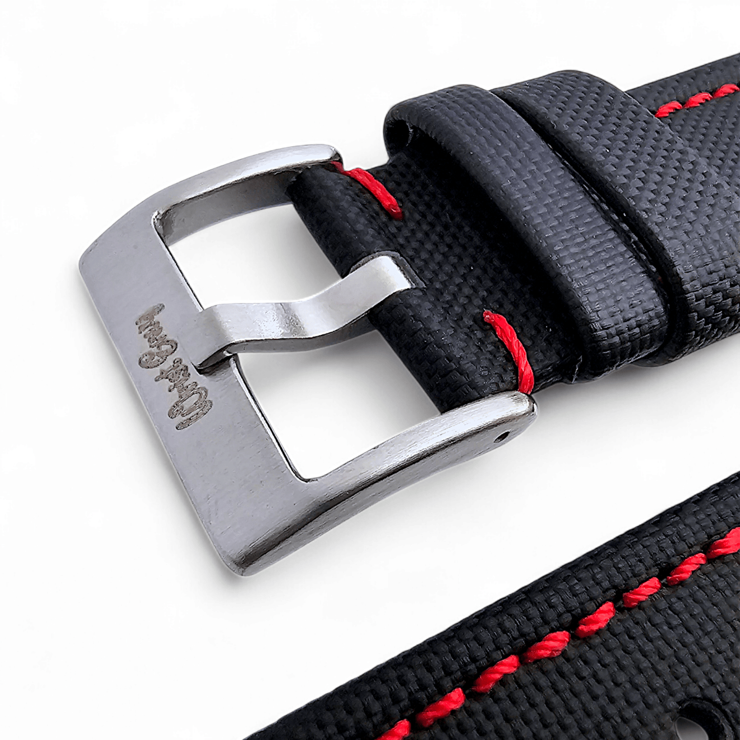 Sailcloth Watch Strap 20mm 22mm Black Red Stitch - Wrist Envy